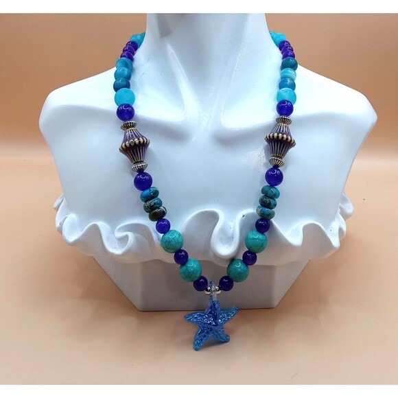Natural Stone Beads Blue Agate, Howlite Turquoise w Glass Starfish Pendant - Picture 1 of 5